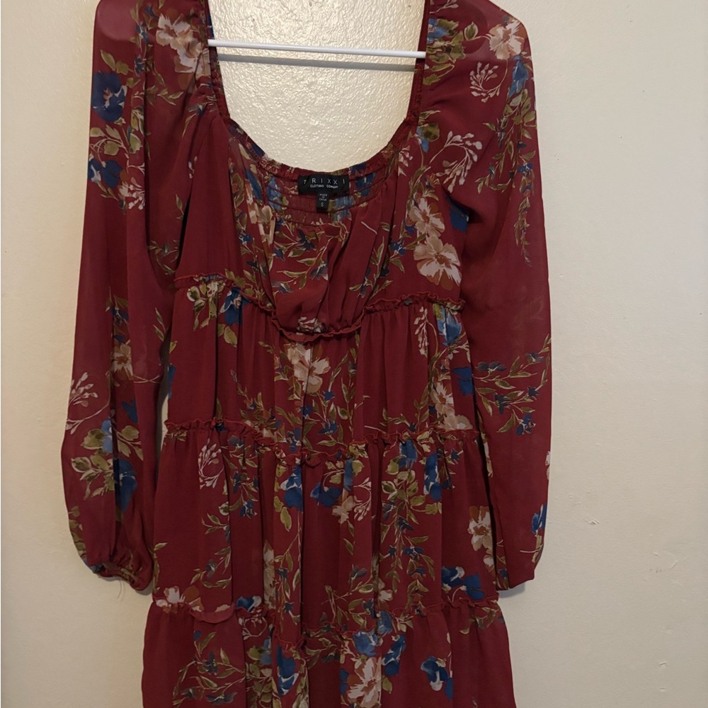 Trixxi Burgundy Floral Long Sleeve Dress